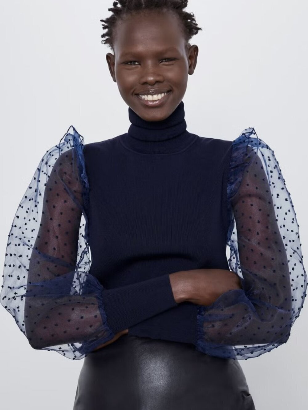 NWT ZARA Navy Blue Ribbed Knit Flocked Dot Organza Puff Sleeve Top, Size S - Picture 5 of 16